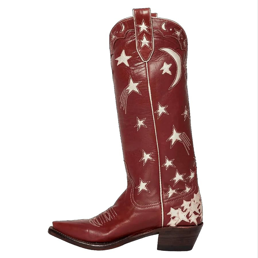 Womens Embroidered Cowboy Boots Almond Round Toe Pull On Cowgirl Boots Moon and Star Inlay Wester... | Amazon (US)