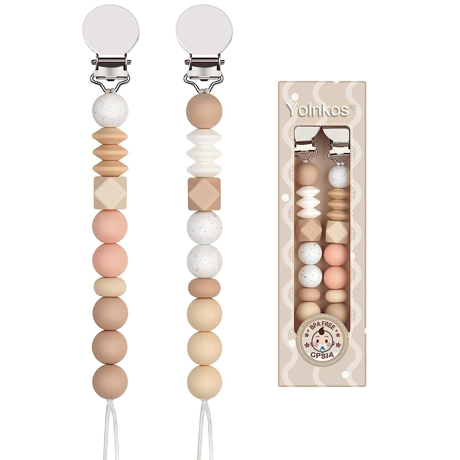 Yolnkos Pacifier Clips for Baby Boys Girls Leash Holder 2-Pack(Oatmeal.Peach) | Amazon (US)