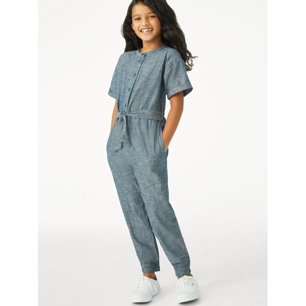 Free Assembly Girls Short Sleeve Belted Jumpsuit, Sizes 4-18 | Walmart (US)