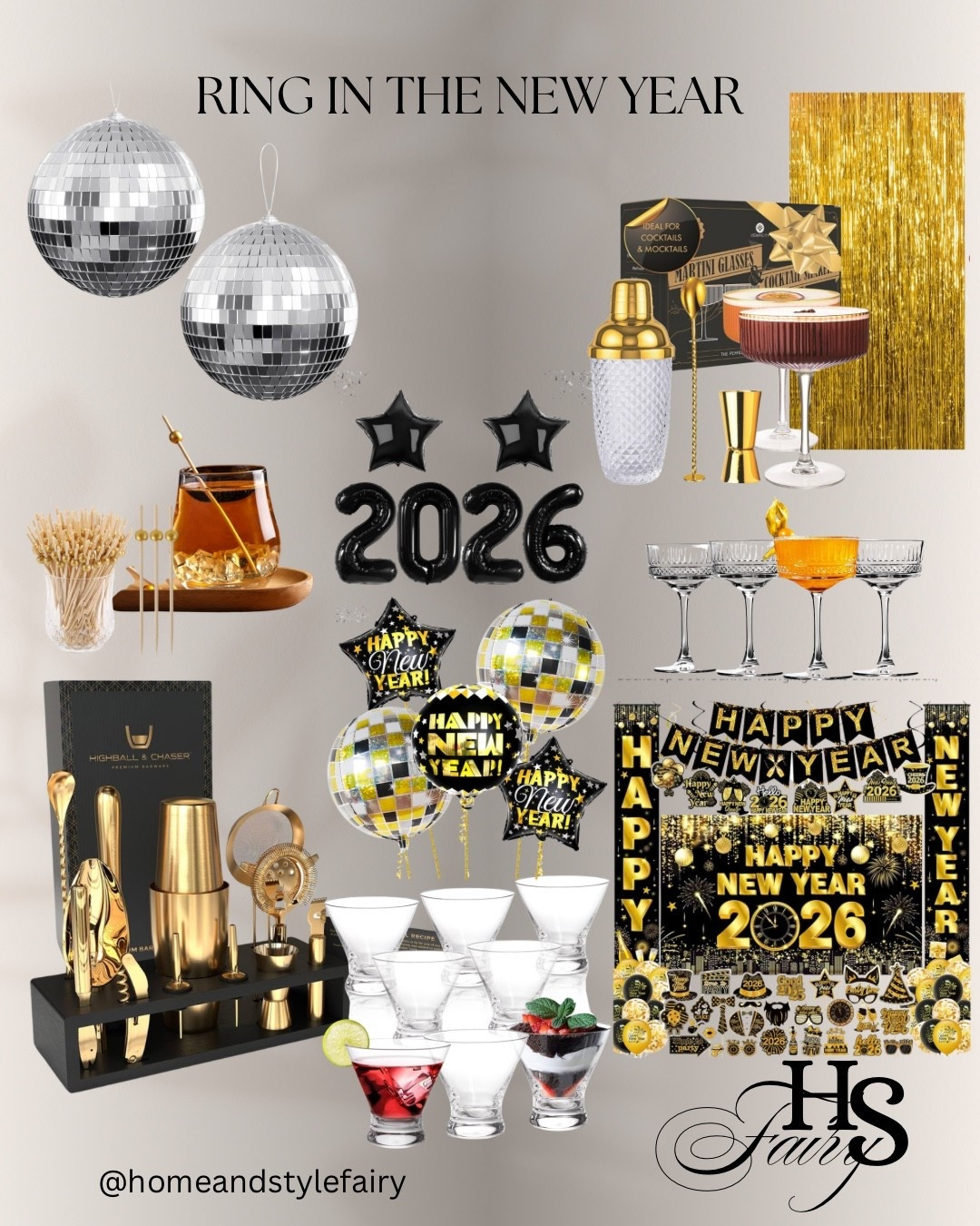 RING IN THE NEW YEAR 🪩🎉🍷
New Year’s Party Supplies that will arrive before the New Year Celebration 

Cocktail Shaker Making Set, martini glasses, party decor, disc ball, Cocktail Picks, Crystal Whiskey Glasses Set, Gold Foil Fringe Curtains 3pack Tinsel Backdrop, Large Happy New Year Balloons

#newyear #party #partydecor #partysupplies #newyearparty

#LTKpartywear #LTKhome #LTKcanada
