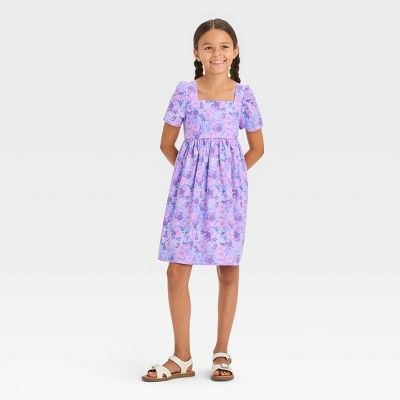 Girls'Minnie Mouse Cotton Puff Sleeve Dress - Lavender M: Disney Character Print, Square Neck, Kn... | Target