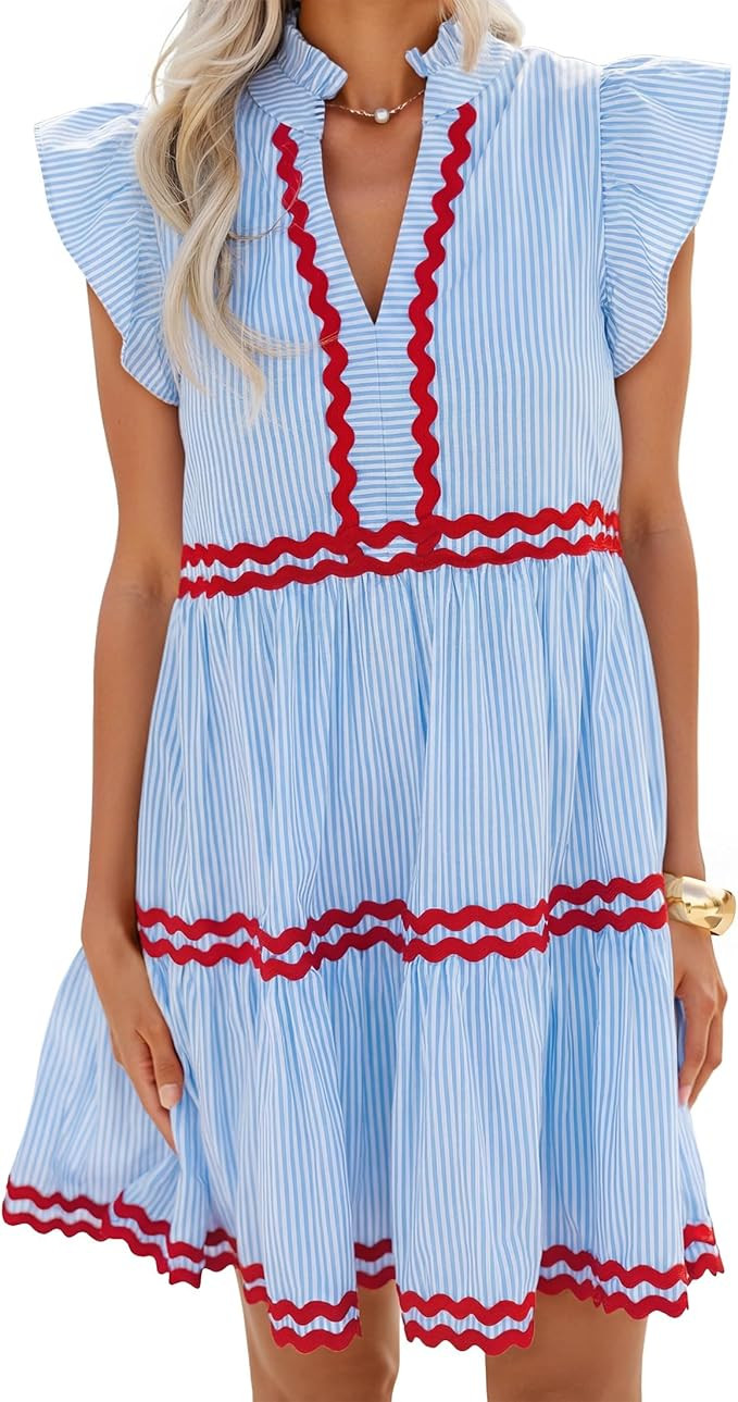 ZESICA Women's Summer Casual Mini Dress 2026 V Neck Flutter Short Sleeve Striped Ruffle A Line Be... | Amazon (US)