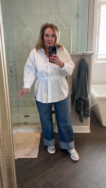 Blouse size large. Wear with or without the tie. Comes in other colors too. 

Jeans linking similar. I wear my smaller size in both kut from the kloth and the Colette. 

Sneakers are so cute! Love the metallic trend! 

#LTKsalealert #LTKover40 #LTKmidsize