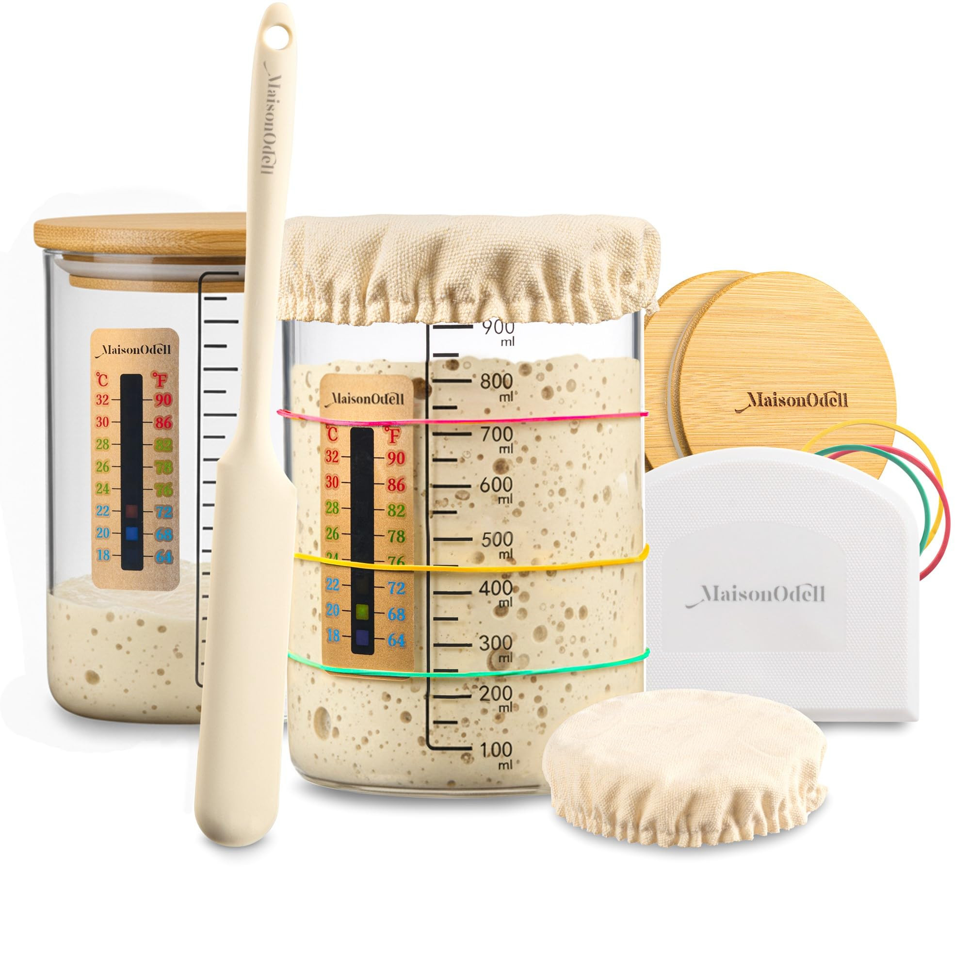 Sourdough Starter Kit – 2 Fermentation Glass Jars with Lids, Linen Covers, Spatula and Thermome... | Amazon (US)