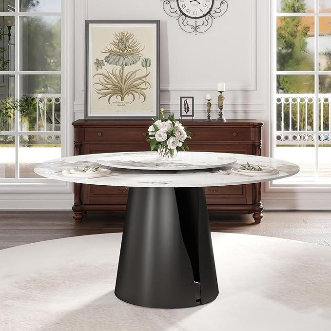 Montary 59" Modern Artificial Marble Round Dining Table with Black Carbon Steel Base & 31.5" Whit... | Amazon (US)