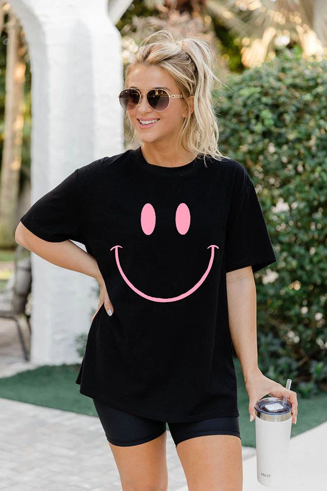 Drawn Smiley Black Oversized Graphic Tee | Pink Lily