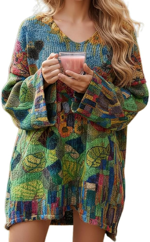 Akivide Women's Oversized Baggy Boho Tops Long Sleeve V Neck Loose Fit Colorful Bohemian Lightwei... | Amazon (US)