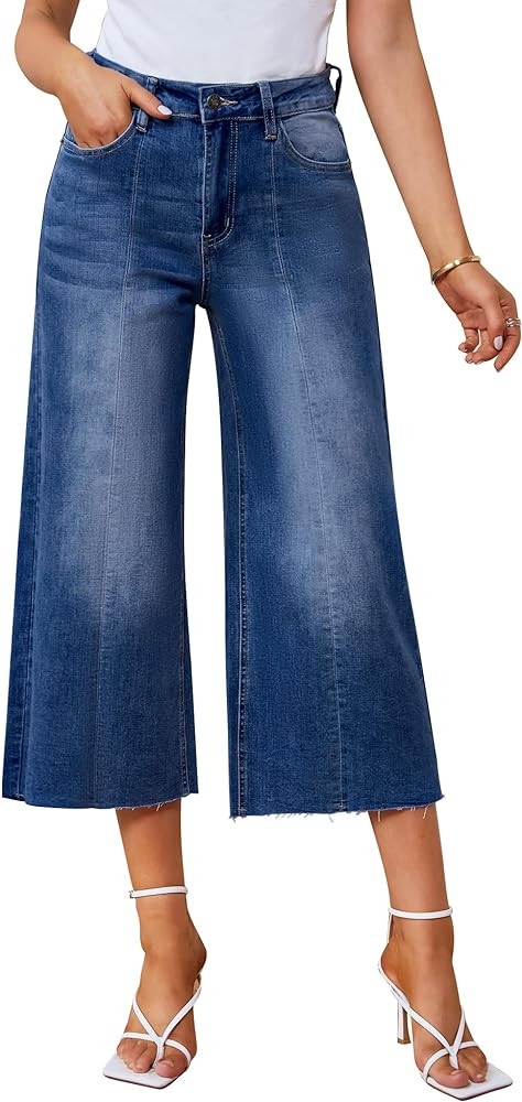 GRAPENT Jean Capris for Women Wide Leg Jeans High Waisted Seamed Front Raw Hem Denim Capri Pants ... | Amazon (US)