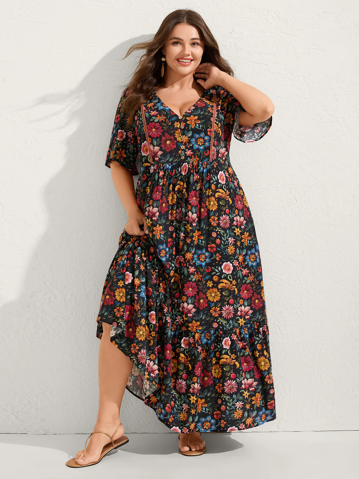 Rayon Floral Lace Trim Button Maxi Dress | Bloomchic