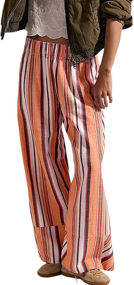 Womens Striped Wide Leg Pants Summer Boho Palazzo Pants Causal Elastic High Waist Long Lounge Tro... | Amazon (US)