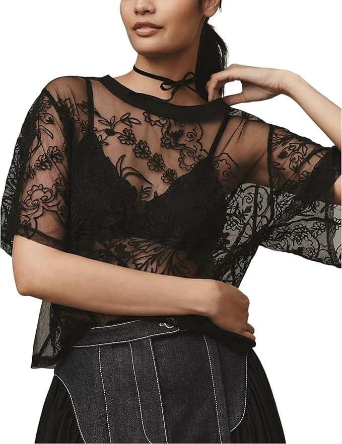 OPCAKM Women's Mesh Tops Y2K Short Sleeve Sheer Lace Embroidered Shirts Layering See Through Blou... | Amazon (US)