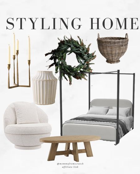 Styling bedroom furniture and home accents! Candlesticks, swivel chair, Walmart home decor, wreath, canopy bed, basket, fluted vase, coffee table 

#LTKstyletip #LTKhome #LTKsalealert