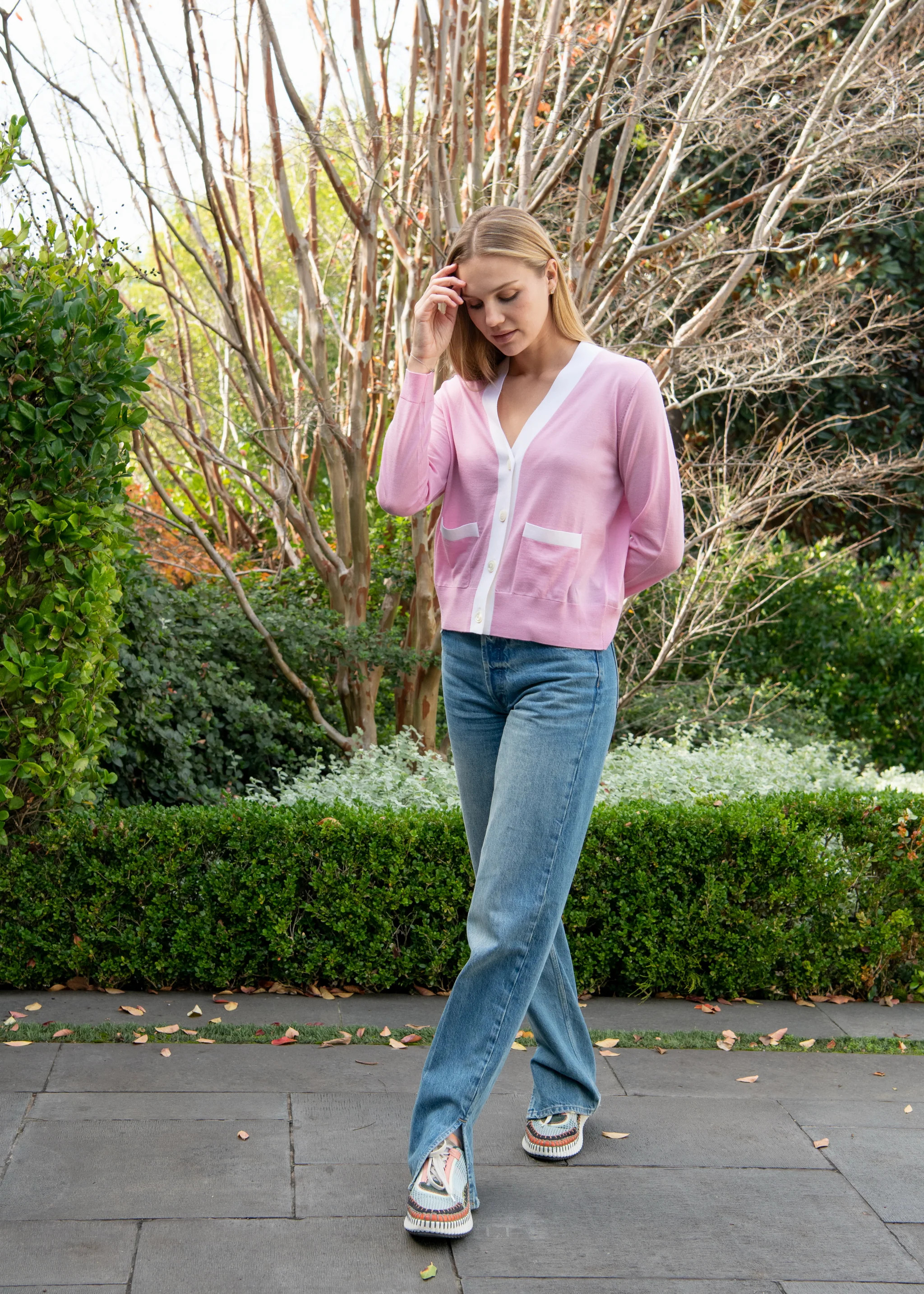 Isabella Pink Merino Wool Cardigan with White Trim | Benaar La