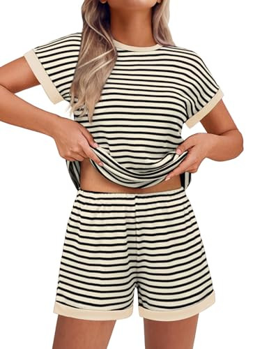 EKOUAER 2 Piece Sets for Women Summer Outfits Cute Stripe Knit T Shirts Shorts Matching Lounge Se... | Amazon (US)