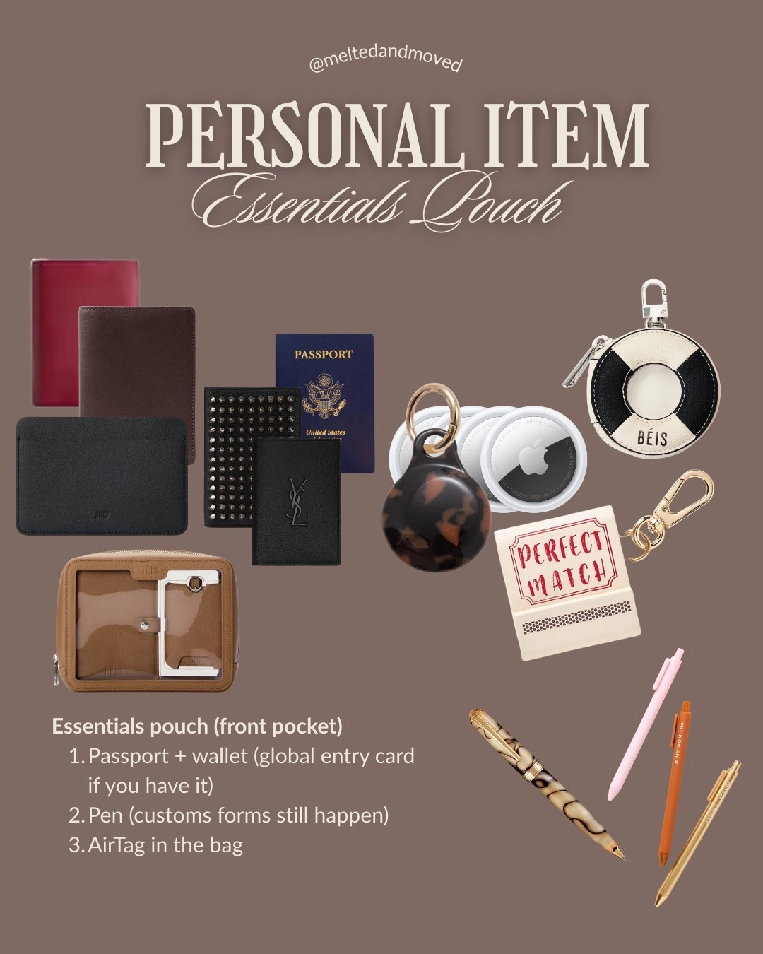 Personal Item (front pocket)
Front pocket = sanity. Essentials pouch, passport + wallet (Global Entry card if you have it), a pen because customs still happens, and an AirTag so it never goes rogue. 

#LTKTravel #LTKFinds #LTKEssentials #travelessentials #personalitem #carryon #carryonessentials #inseatkit #passportholder #airtag #airporttips #traveltips #packingtips #longhaultravel #internationaltravel #jetset #whatsinyourbag