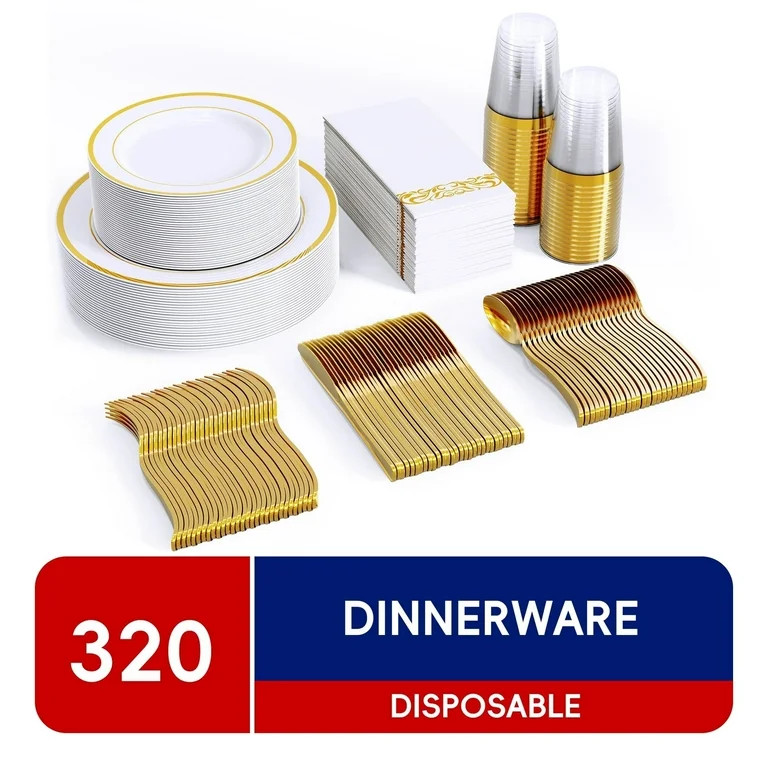 JOLLY CHEF 320 Piece Gold Rim Disposable Plastic Plates Dinnerware Sets,45 Guests | Walmart (US)