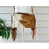 Cowhide Crossbody Purse Bag With Fringes Handbag Clutch Brown Leather | Real Hair On Cow Hide Gifts For Her | Etsy (US)