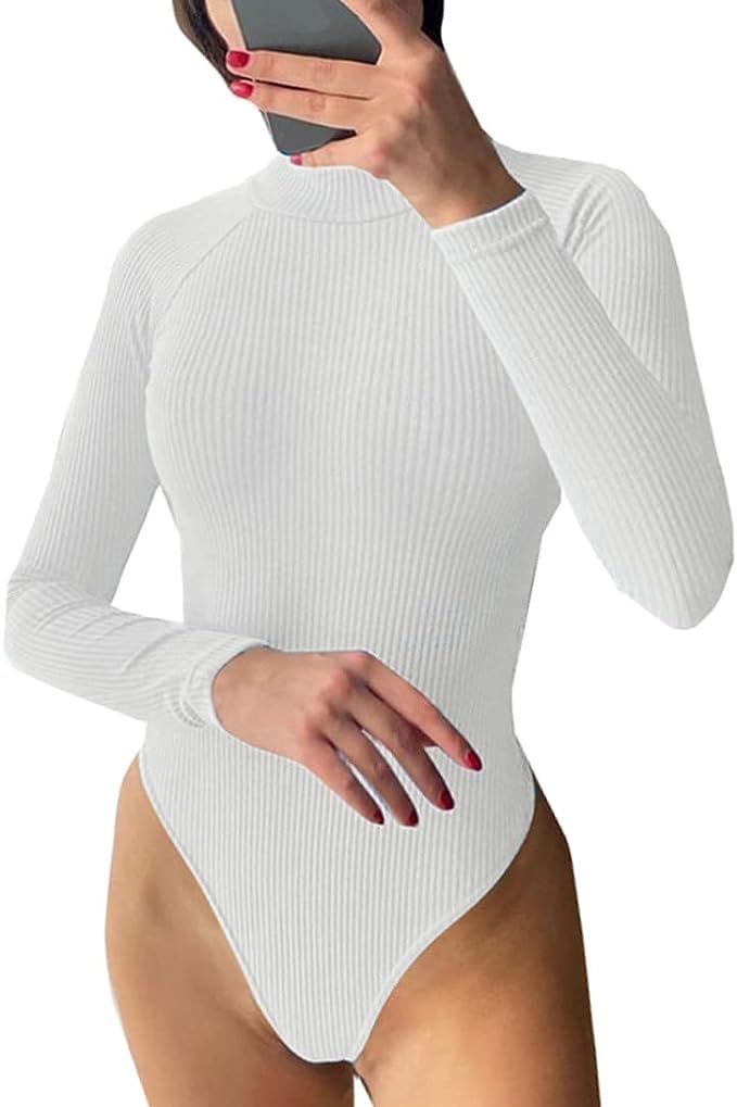 GEMBERA Womens Mock Neck Bodysuits Long Sleeve Turtleneck Ribbed Knit Stretchy Bodycon Leotard | Amazon (US)