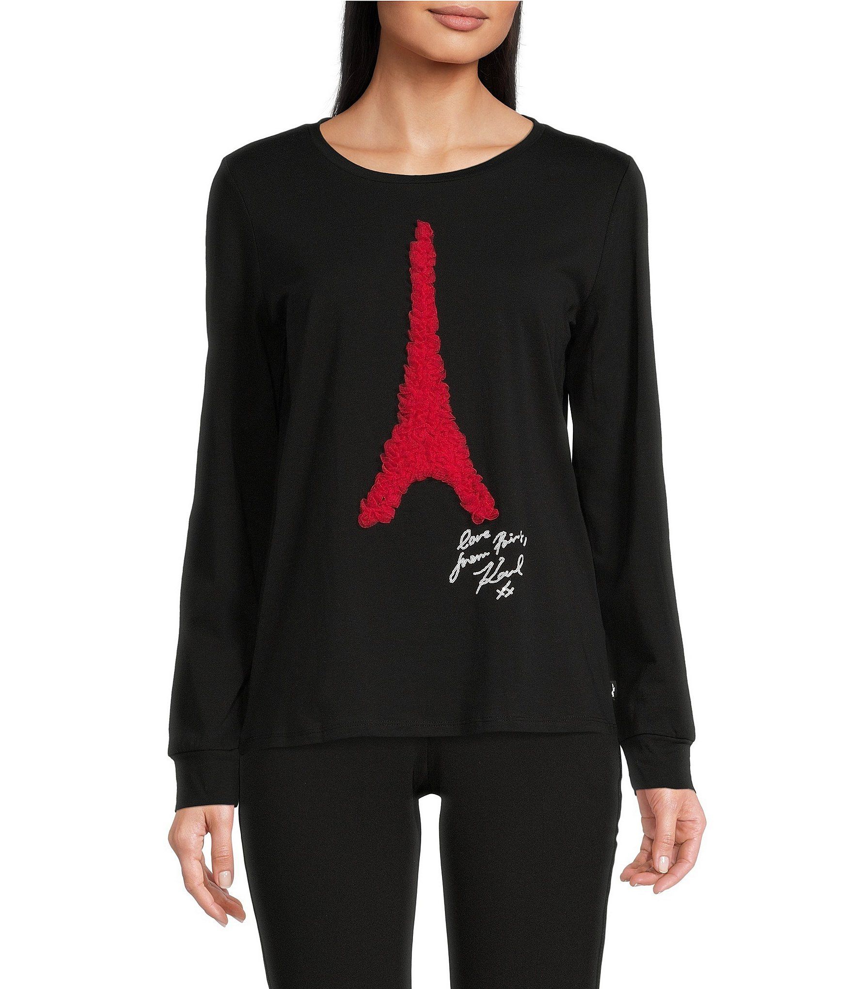 Crew Neck Long Sleeve Embellished Eiffel Tower Logo Tee | Dillard's