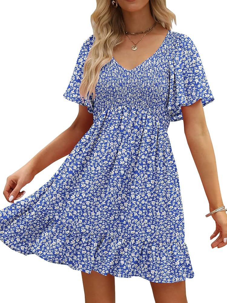 Womens Cute Floral Smocked V Neck Flutter Sleeve Sundress with Pockets Casual Spring Summer Dress... | Amazon (US)
