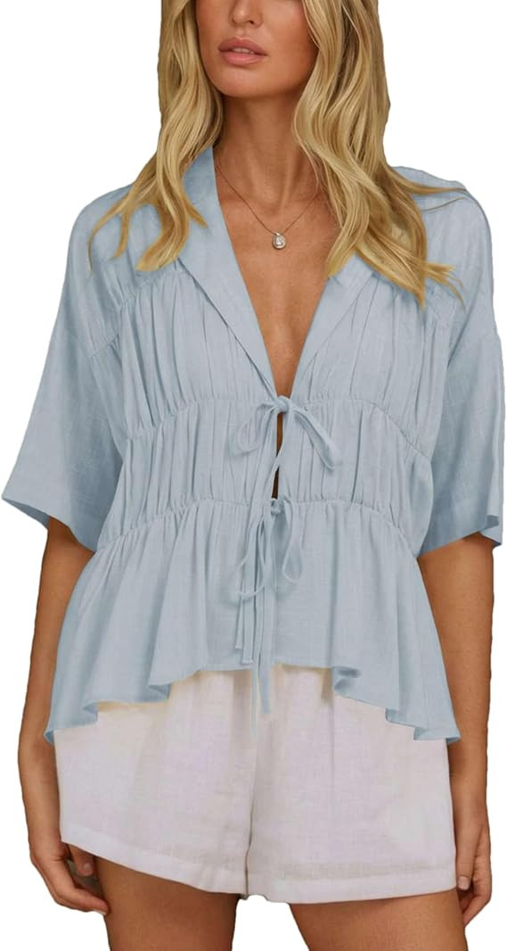 Mingzhu Women's Linen Plus Size Bow Tie Front Peplum Blouse Short Sleeve Deep V Neck Pleated Baby... | Amazon (US)
