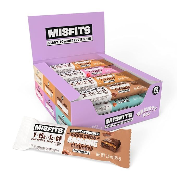 Misfits Vegan Protein Bar, Variety Case – Plant-Based Vegan Protein, Low Sugar, High Fibre, Cho... | Amazon (US)