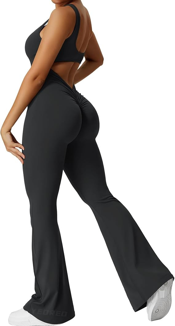 YEOREO Women Workout Scrunch Flare Jumpsuits Sexy Backless Butt Lift Gym Yoga Jumpsuits | Amazon (US)