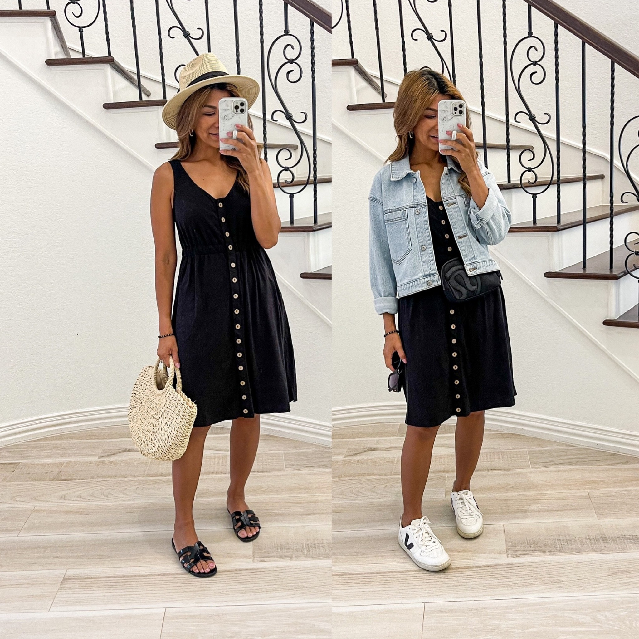 Dress in small tts
Denim jacket in small tts
Sandals tts
Veja white sneakers tts
First outfit: white tank top in small, shorts in small size up for length 

#LTKFind #LTKSeasonal #LTKunder50