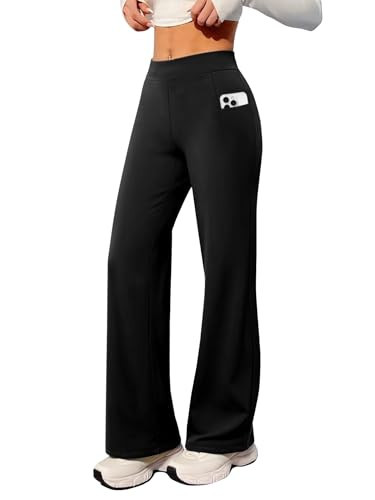 Wide Leg Yoga Pants Women High Waisted Loose Stretch Lounge Causal Work Workout Gym Trousers with Pockets Black | Amazon (US)