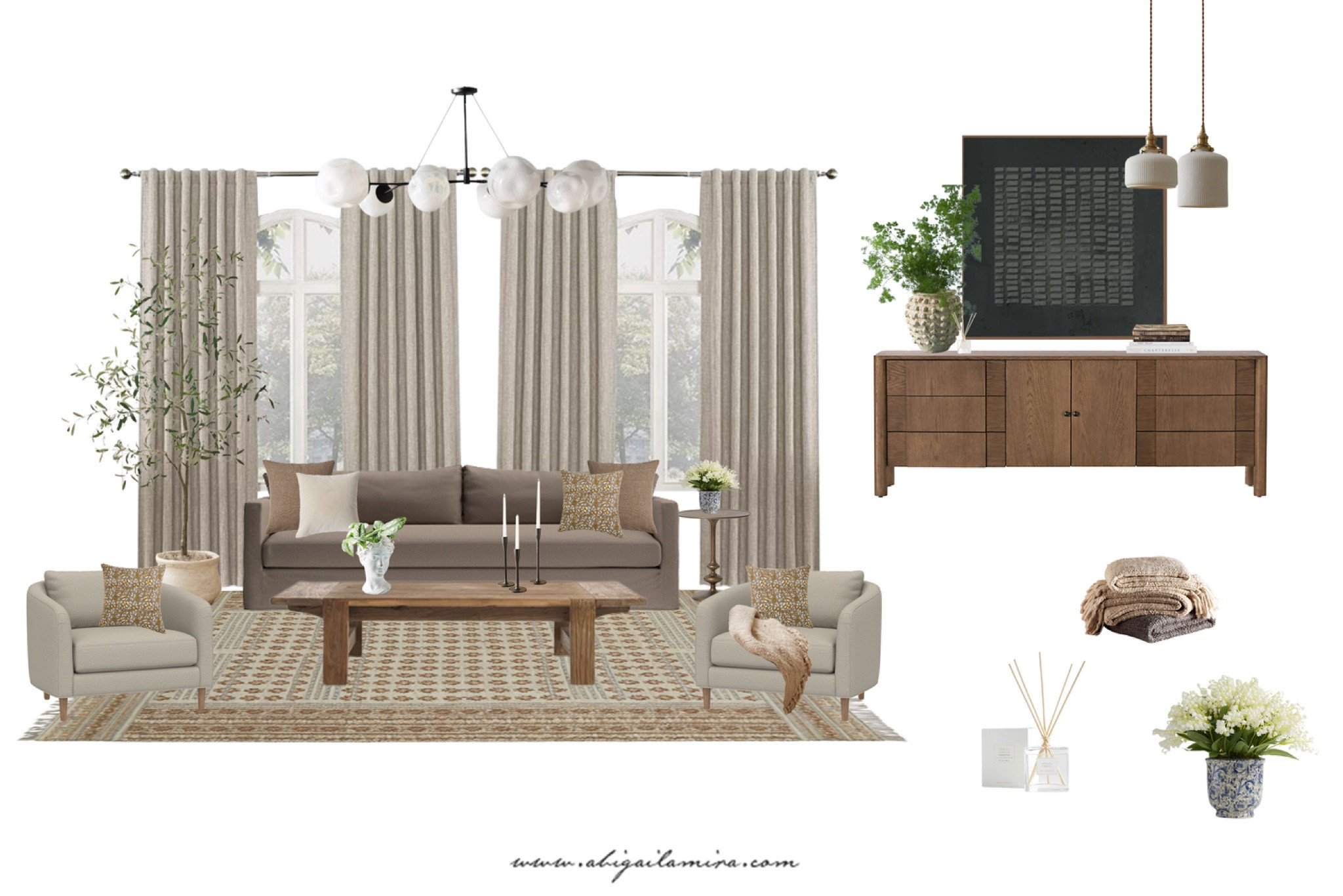 This Earthy living room is designed with traditional touches. The tailored Bench style sofa in a java-hued slipcover invites you to linger in its deep seating. A neutral color palette combines different interesting textures, patterns, and materials. Deep wood tones add a richness that contrasts beautifully with the airy botanicals, and the linen curtains soften the room and make the whole space feel that much cozier. See the full post plus links to everything on the blog, www.abigailamira.com

#LTKSeasonal #LTKstyletip #LTKhome