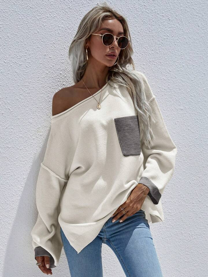 SHEIN Essnce Contrast Panel Drop Shoulder Pocket Patched Split Hem Sweater | SHEIN