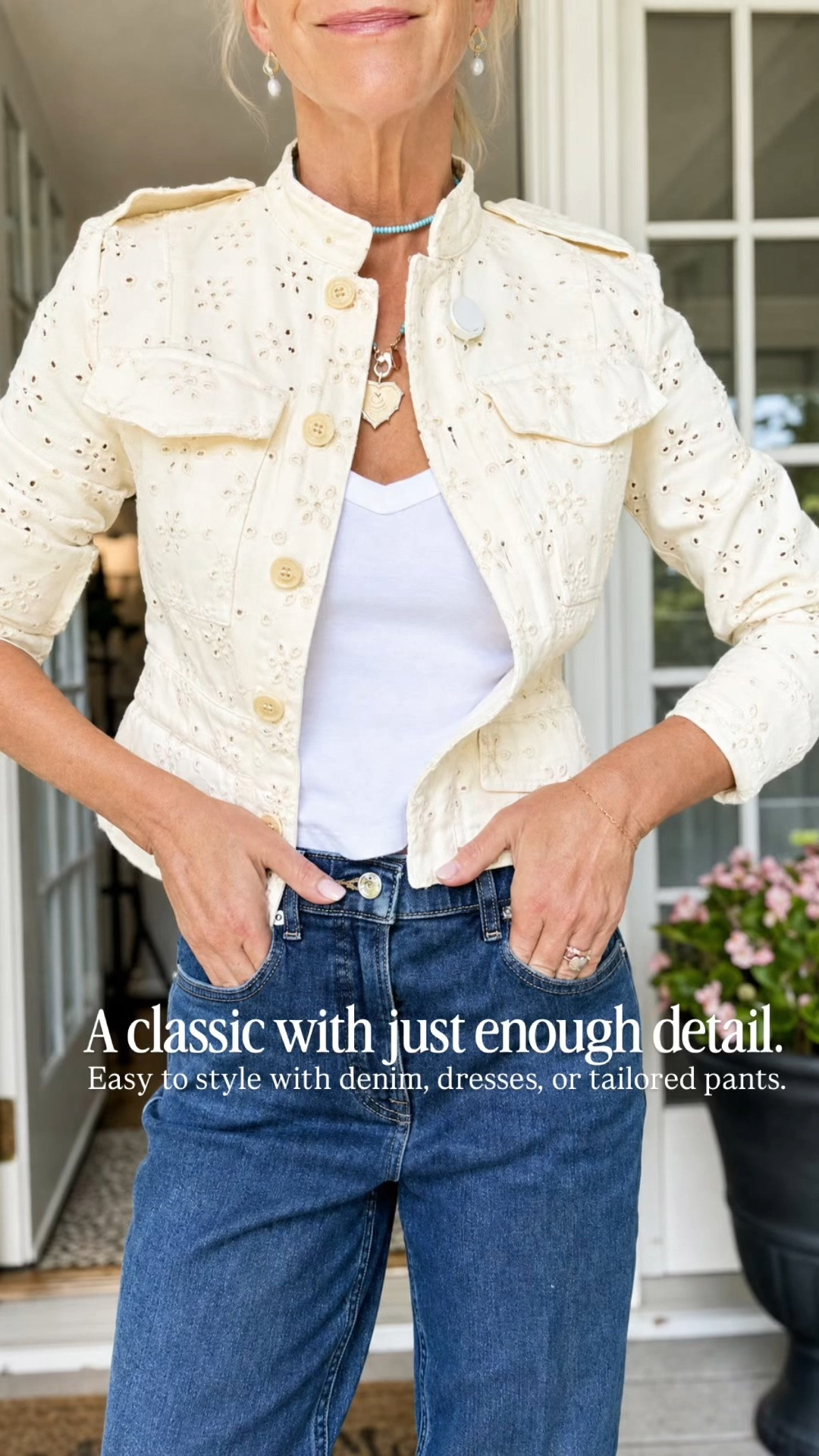 This eyelet jacket is one of those timeless pieces that instantly elevates any outfit. The delicate details add just the right amount of texture while still feeling classic, and it’s so easy to style with jeans, dresses, or tailored pants. A wardrobe staple you’ll reach for season after season.

👩‍💻 LTK PRO TIPS
❤️ Heart = Support my posts ;-)
🔖 Save = Get sale & restock alerts for the things you love!
📋 Lists = Keep favorites organized (List ideas: Christmas, Birthdays, and Vacations!)
📲 Share = Send lists and products to a friend (or your daughters like me).
💬 Comment = Ask me anything, and I’ll answer. ;-)

#LTKootd #LTKOver40 #LTKSeasonal
