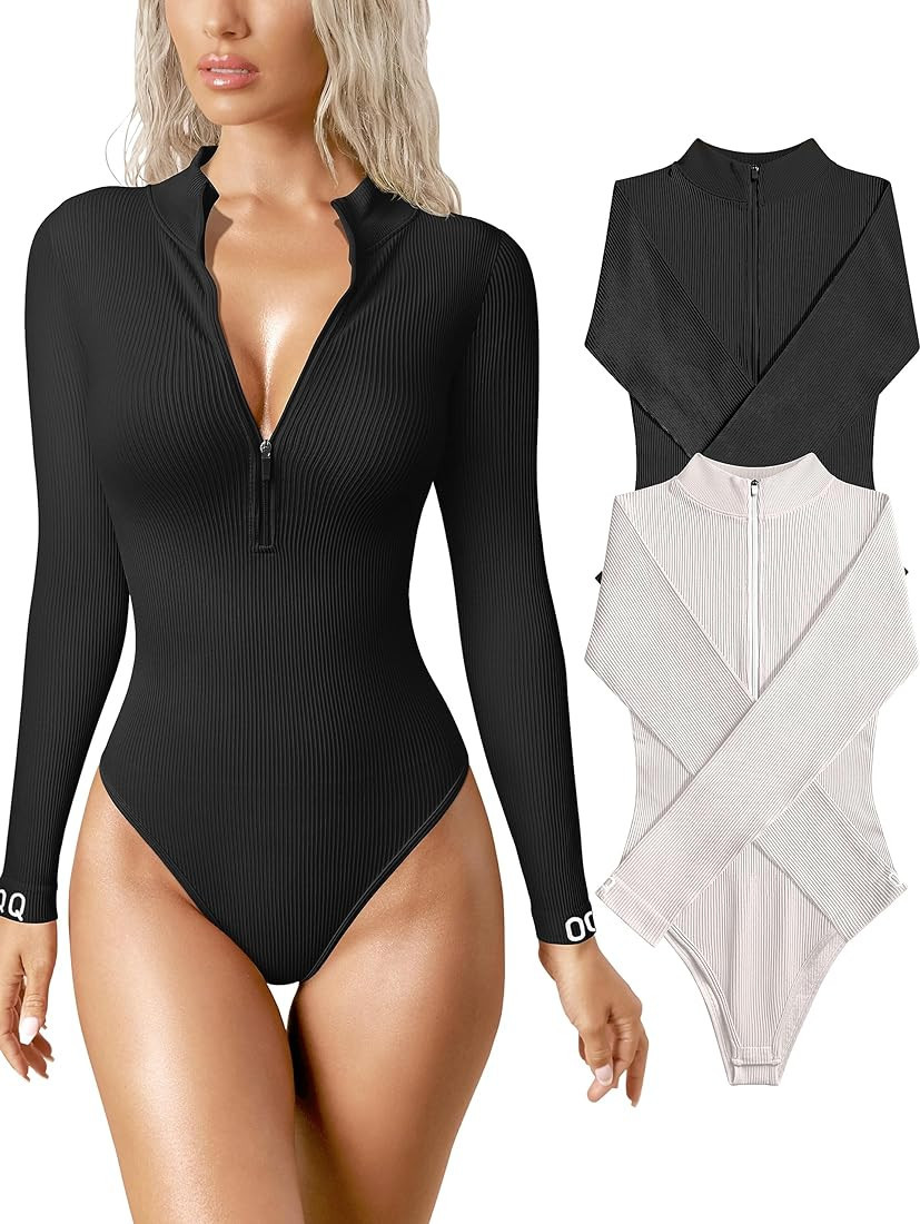 OQQ Women's 2 Piece Bodysuits Sexy Ribbed One Piece Zip Front Long Sleeve Tops Bodysuits | Amazon (US)