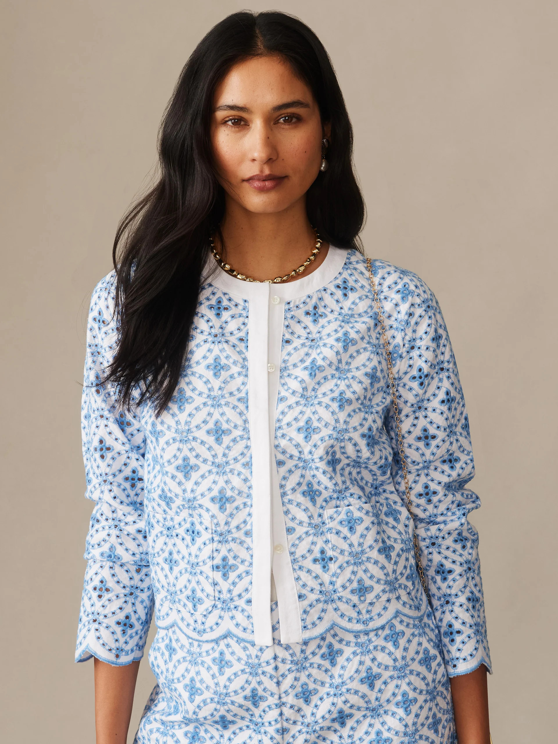 White/Sky_Blue Embroidery Martha Jacket | Women's Jackets & Outerwear | J.McLaughlin | J.McLaughlin