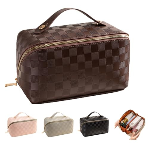 Large Capacity Travel Cosmetic Bag Travel Cosmetic Bag for Women Makeup Bag With Handle PU Leather Waterproof Multifunctional Makeup Organizer Plaid Cosmetic Bag Checkered Makeup Bag (Brown) | Amazon (US)