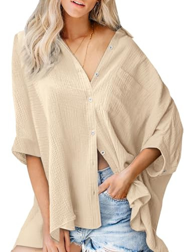 Astylish Womens Oversized Button Down Shirts Cotton Fashion Flowy Gauze V-Neck 3/4 Sleeve Linen Summer Loose Fit Tops Beige X-Large | Amazon (US)