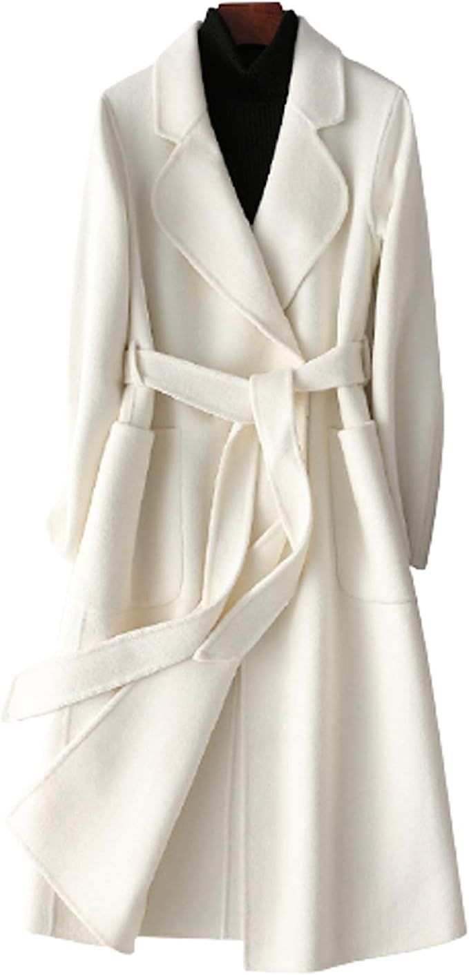 XMZFQ Womens Wool Trench Coats Autumn Winter 100% Wool Solid Color V-Neck Coat Slim Warm Long Woo... | Amazon (US)