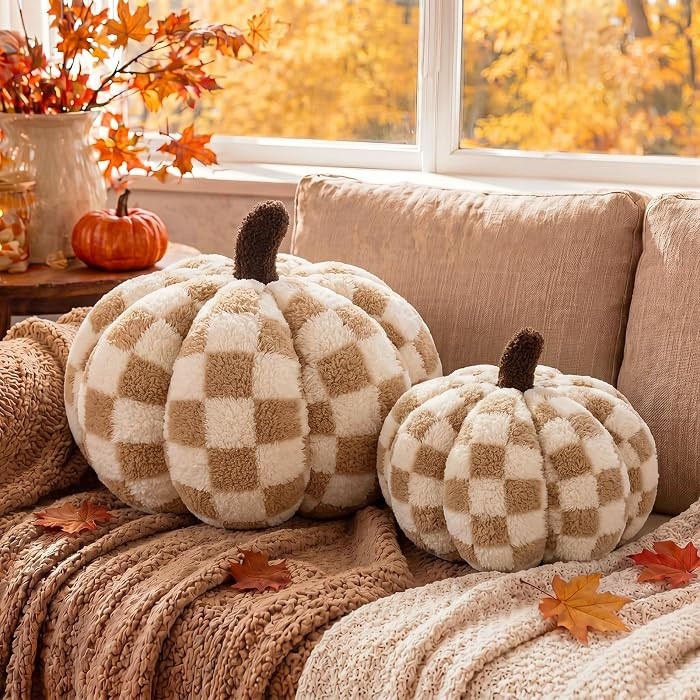 Leinuosen 2 Pcs Fall Pumpkin Pillows Brown White Checkerboard 3D Pumpkin Shaped Throw Pillows Plu... | Amazon (US)