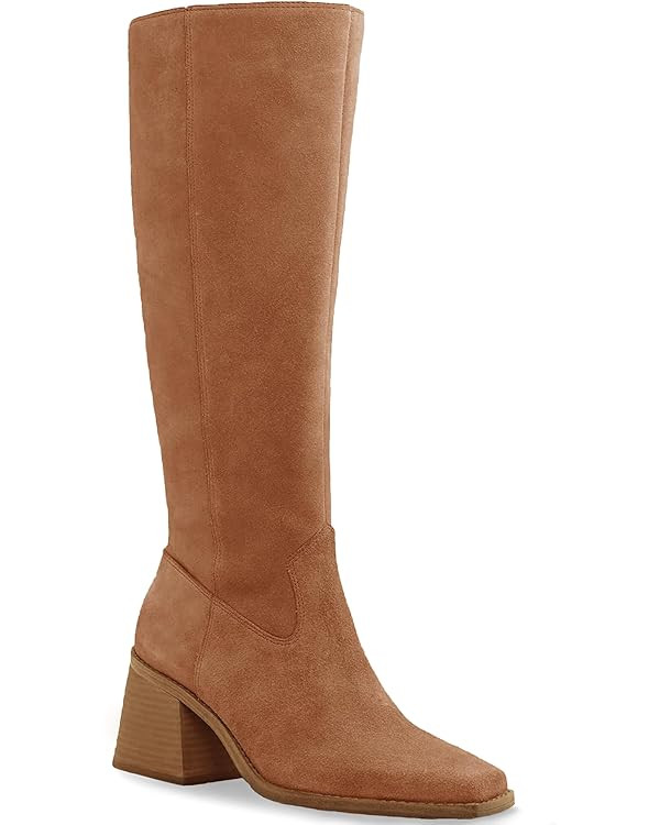 Coutgo Women's Knee High Boots Wide Calf Square Toe Chunky Heeled Pull-on Boot | Amazon (US)