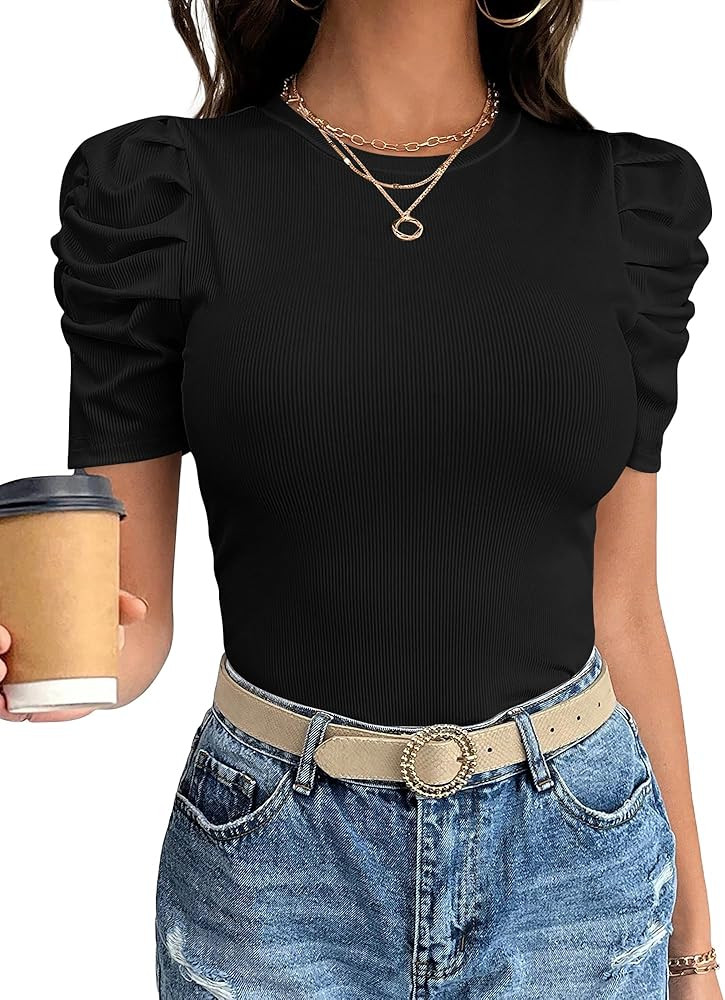 ANRABESS Women Puff Short Sleeve Crewneck Dressy Casual Tops Summer Fitted Ribbed Knit Trendy Wor... | Amazon (US)