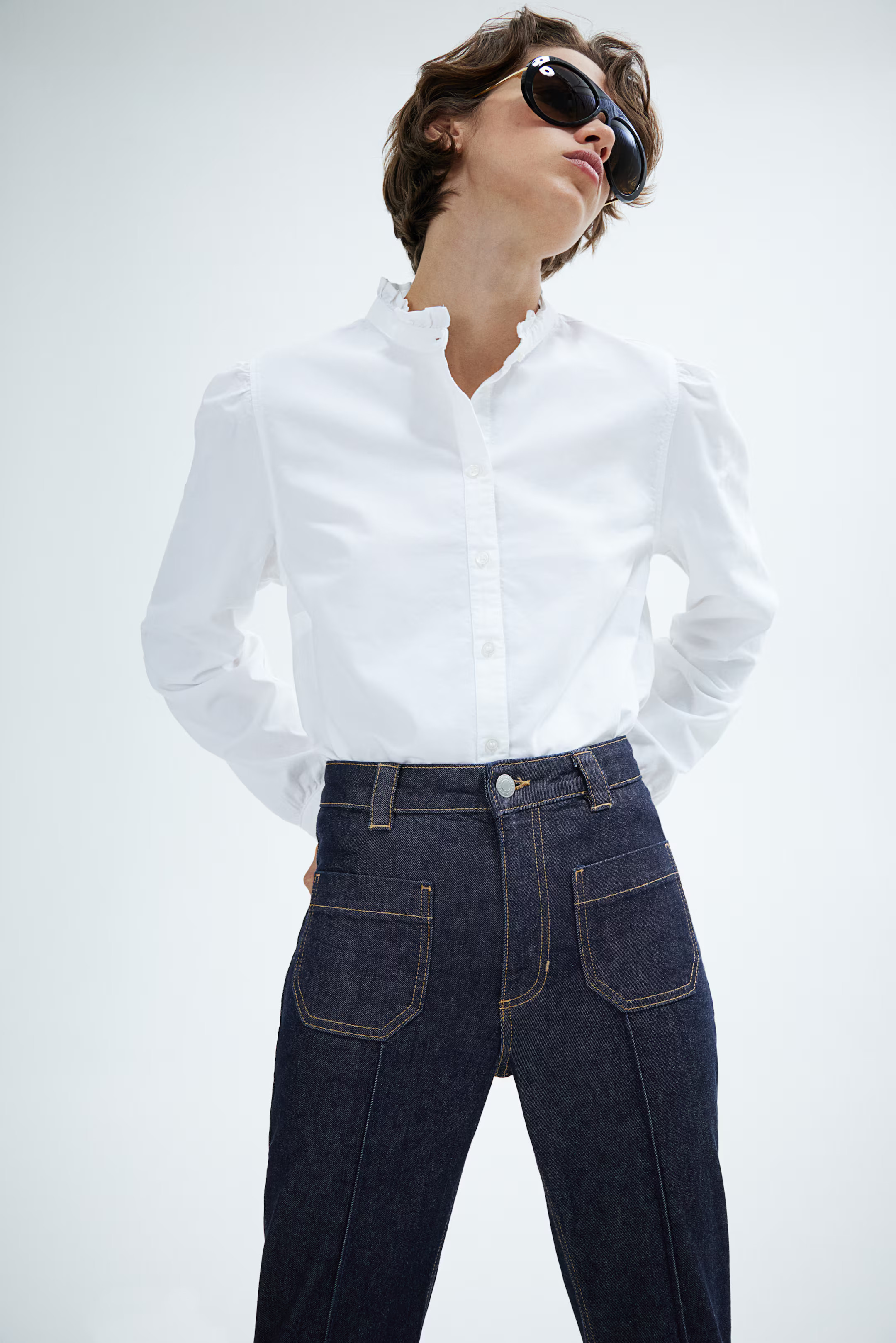 Creased Denim Pants - High waist - Long - Dark denim blue - Ladies | H&M US | H&M (US + CA)