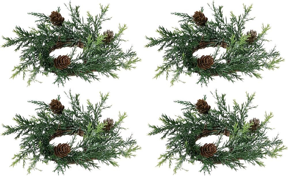 Set of 4 Holiday Candle Rings On Vine Base With Pine Cones and Greenery -Light Silver Glitter - 2... | Amazon (US)