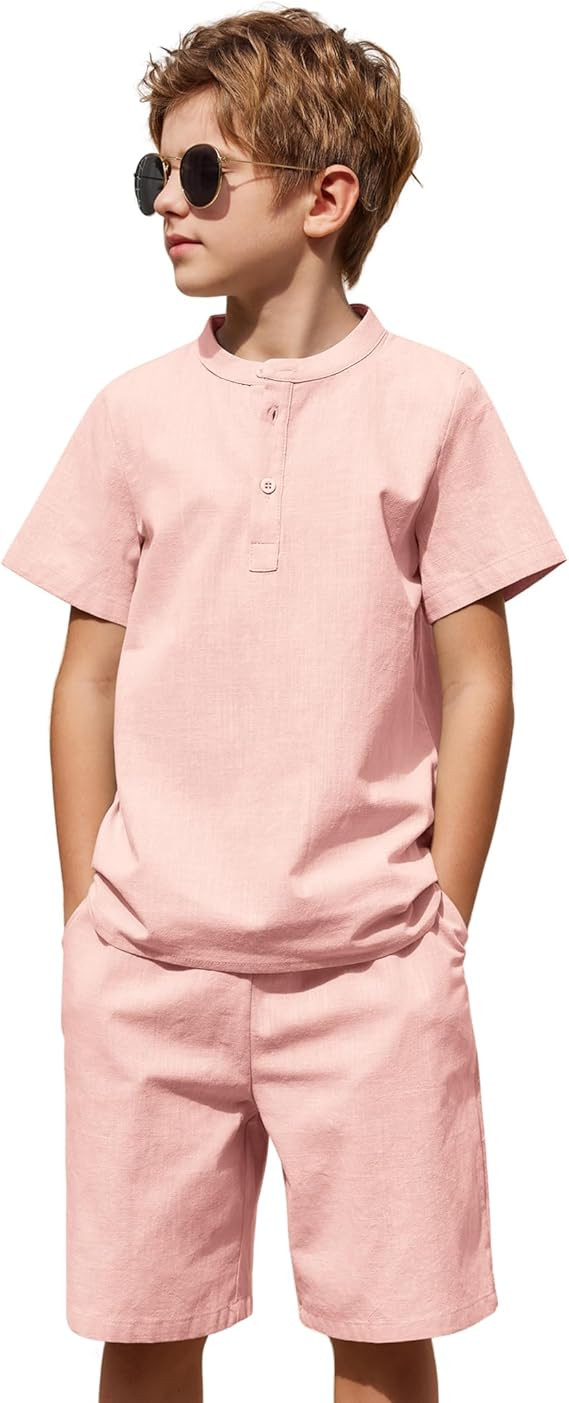 Arshiner Boy's 2 Pieces Cotton Linen Set Casual Henley Shirts Short Sleeve Beach Shorts Summer Ou... | Amazon (US)