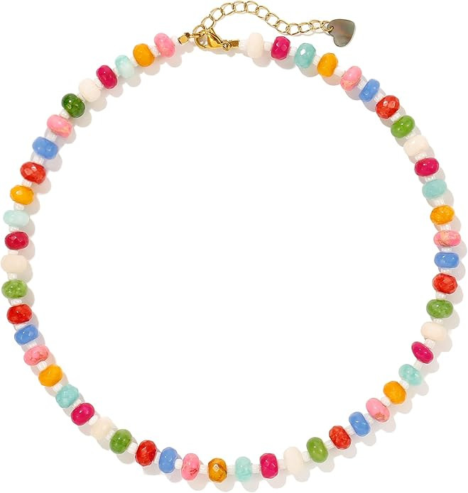 Colorful Gemstone Beaded Necklaces For Women Trendy Rainbow Natural Stone Boho Handmade Stainless... | Amazon (US)
