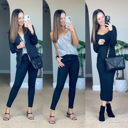Casual Holiday style from @walmartfashion  #walmartpartner - all of these pieces are so good! These petite friendly black skinny jeans fit like a glove and come in 0 short! This sequin cami (xs) is on sale!  It’s very comfortable, and not scratchy at all. The scuba blazer (xs) with scrunched sleeves is a must have! It’s so incredibly comfortable! This sweater dress (xs) is on sale & absolutely gorgeous and comfortable. The Crossbody bag and satchel are very well-made and beautiful! The larger satchel is on sale! 
these gorgeous booties are limited in sizes at the moment. I link a similar pair of black double strap heels. 
Holiday outfit | date night look | blazer style | midi sweater dress 

#LTKstyletip #LTKunder50 #LTKHoliday