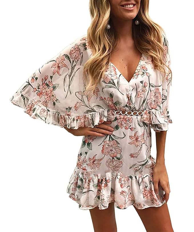 BTFBM Women Fashion Floral Print V Neck Hollow Out High Waist Ruffle Boho Flowy Short Dress | Amazon (US)