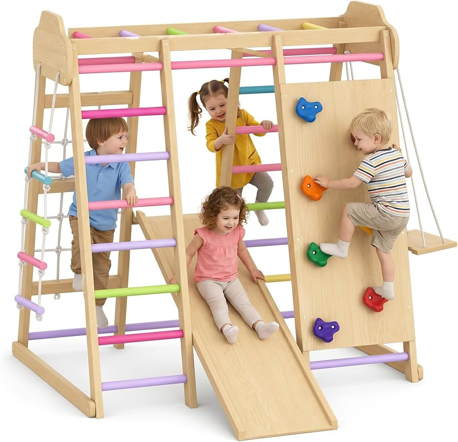 Indoor Playground Jungle Gym Playset, Wooden Pikler Montessori Climber with Slide, Swing, Rope La... | Amazon (US)
