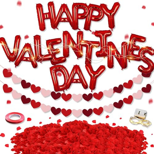GERMISHUYS Valentines Day Balloons, Valentine's Day Party Decorations Include Happy Valentines Day Balloons, Heart Banner, Rose Petals and String Light, Valentine's Day Wedding Party Supplies | Amazon (US)