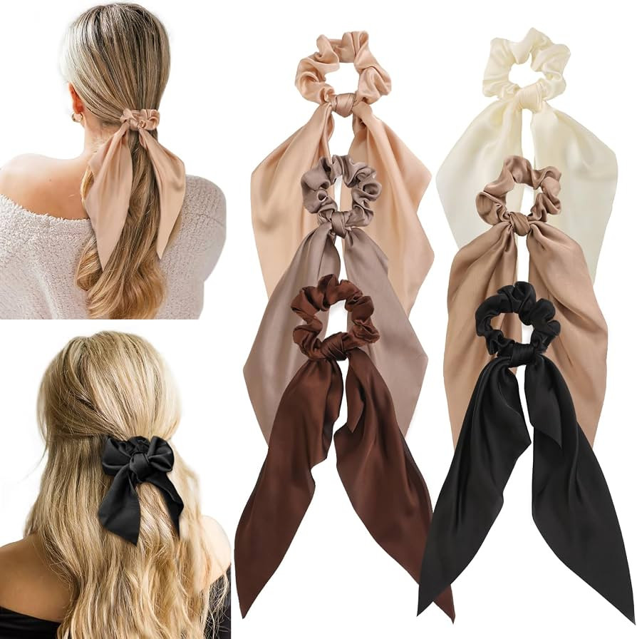 6 PCS Bow Silk Scrunchies, Hair Ties with Bows, Hair Scarf Scrunchies | Amazon (US)