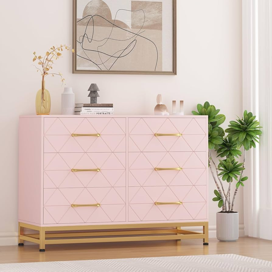 GarveeHome Pink Dresser for Bedroom with 6 Drawers, Wood Chest of Drawers, TV Stand, Morden Dress... | Amazon (US)